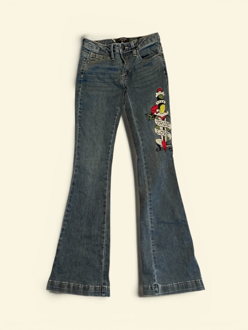 Ed Hardy Blue Flared Jeans with Embroidered True Love Motif Size 24